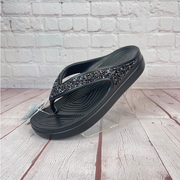Crocs Sloane Glitter Black Wedge Thong Flip Flops Sandals Women’s Size 10 - Picture 3 of 10